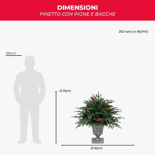 Pinetto Natalizio con Pigne e Bacche in PE e PVC con Vaso – H 75 cm