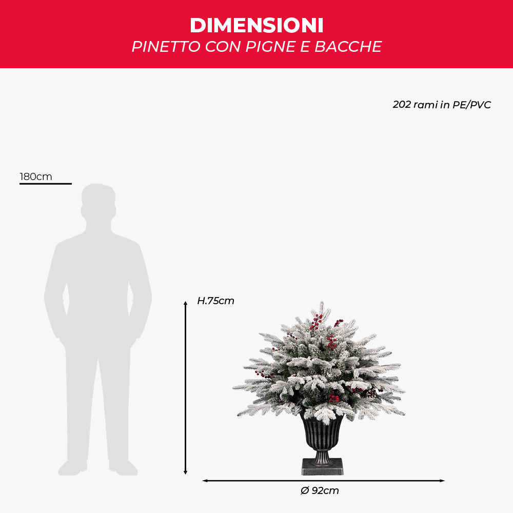 Pinetto Natalizio (75 cm) Floccato con Pigne, Bacche e Vaso