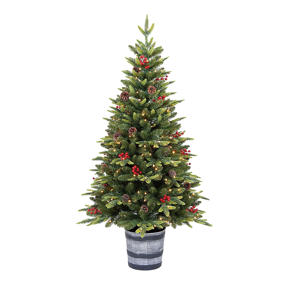 Pinetto Natalizio con 200 LED Bianco Caldo, Pigne e Bacche con Vaso – H 150 cm