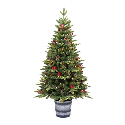 Pinetto Natalizio con 200 LED Bianco Caldo, Pigne e Bacche con Vaso – H 150 cm