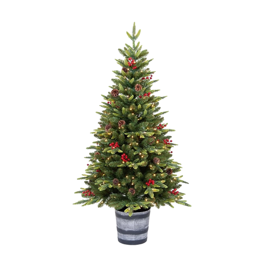 Pinetto Natalizio con 200 LED Bianco Caldo, Pigne e Bacche con Vaso – H 150 cm