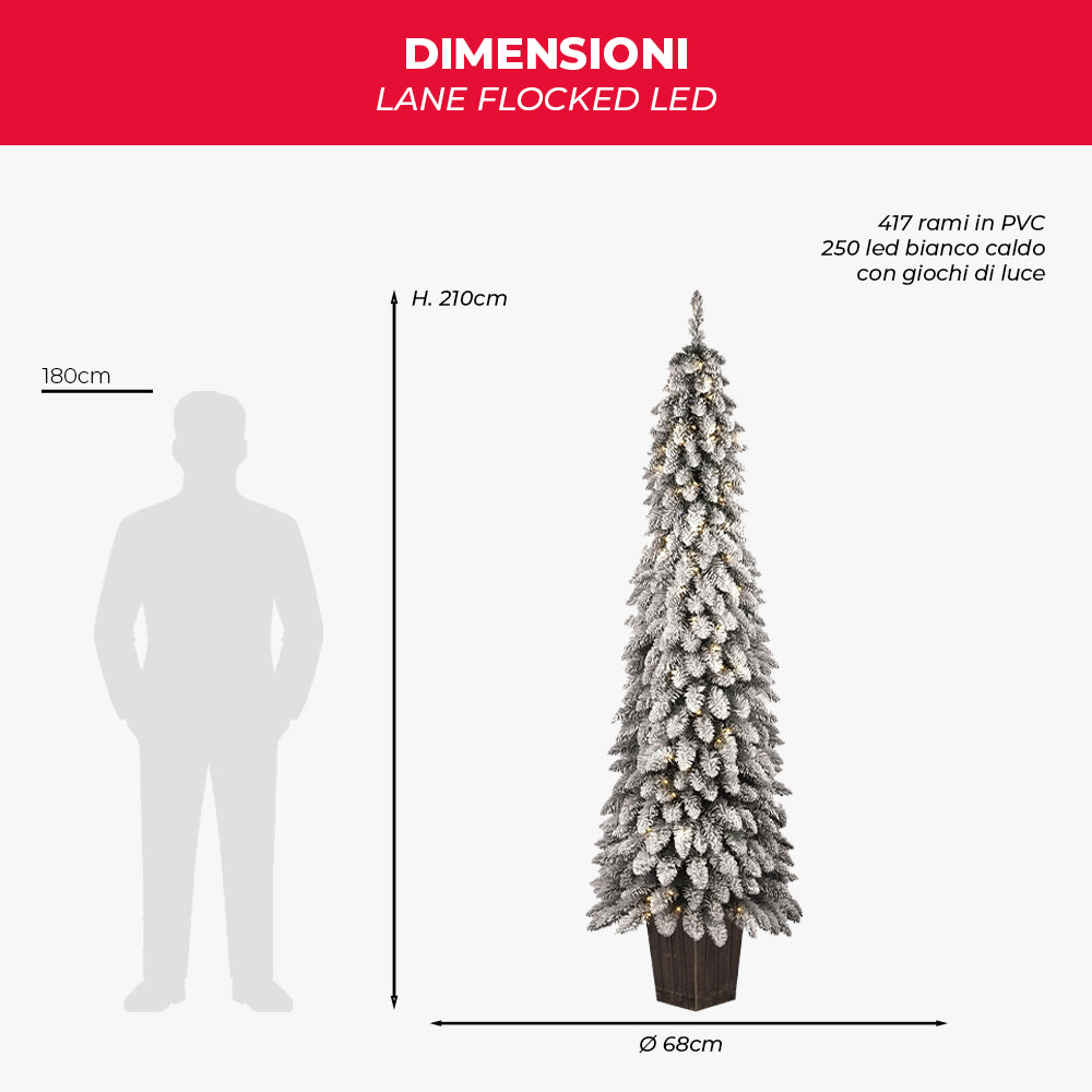 Pinetto Natalizio “Lane” (120 cm) in PVC Floccato con 250 LED Luce Calda e Vaso Quadrato
